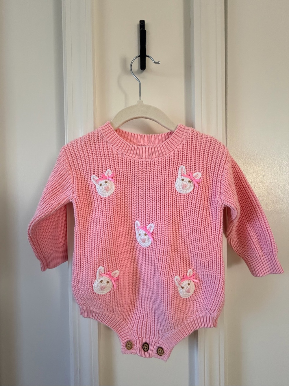 Mud Pie Pink Knit Baby Romper with White Bunny Detail